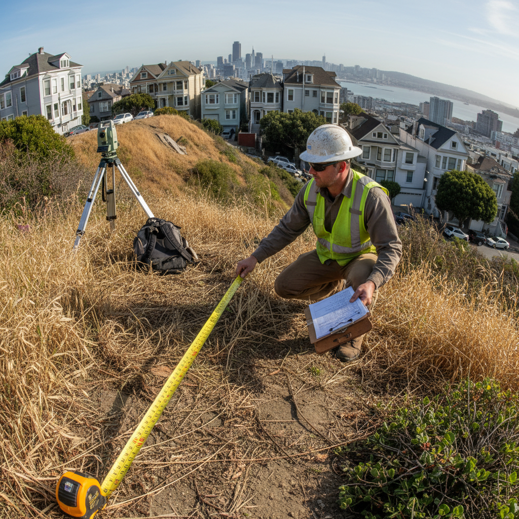 Setback surveyor measuring steep slope on San Francisco residential property with measuring tape and clipboard