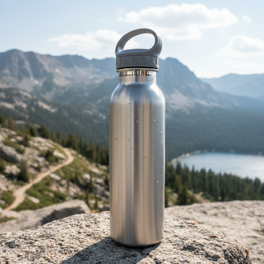 Stainless steel insulated water bottle in slate blue on white background