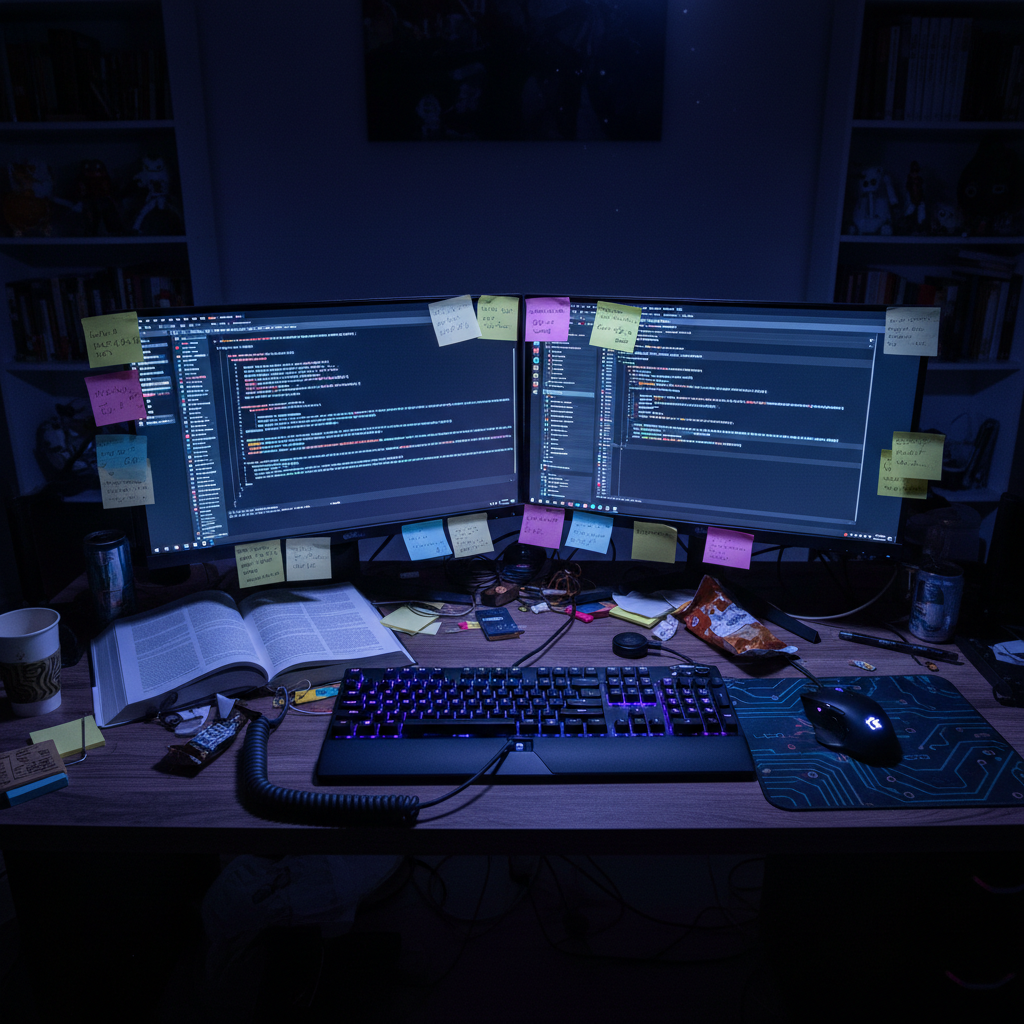 Developer desk at night with dual monitors casting indigo light across scattered sticky notes and mechanical keyboard