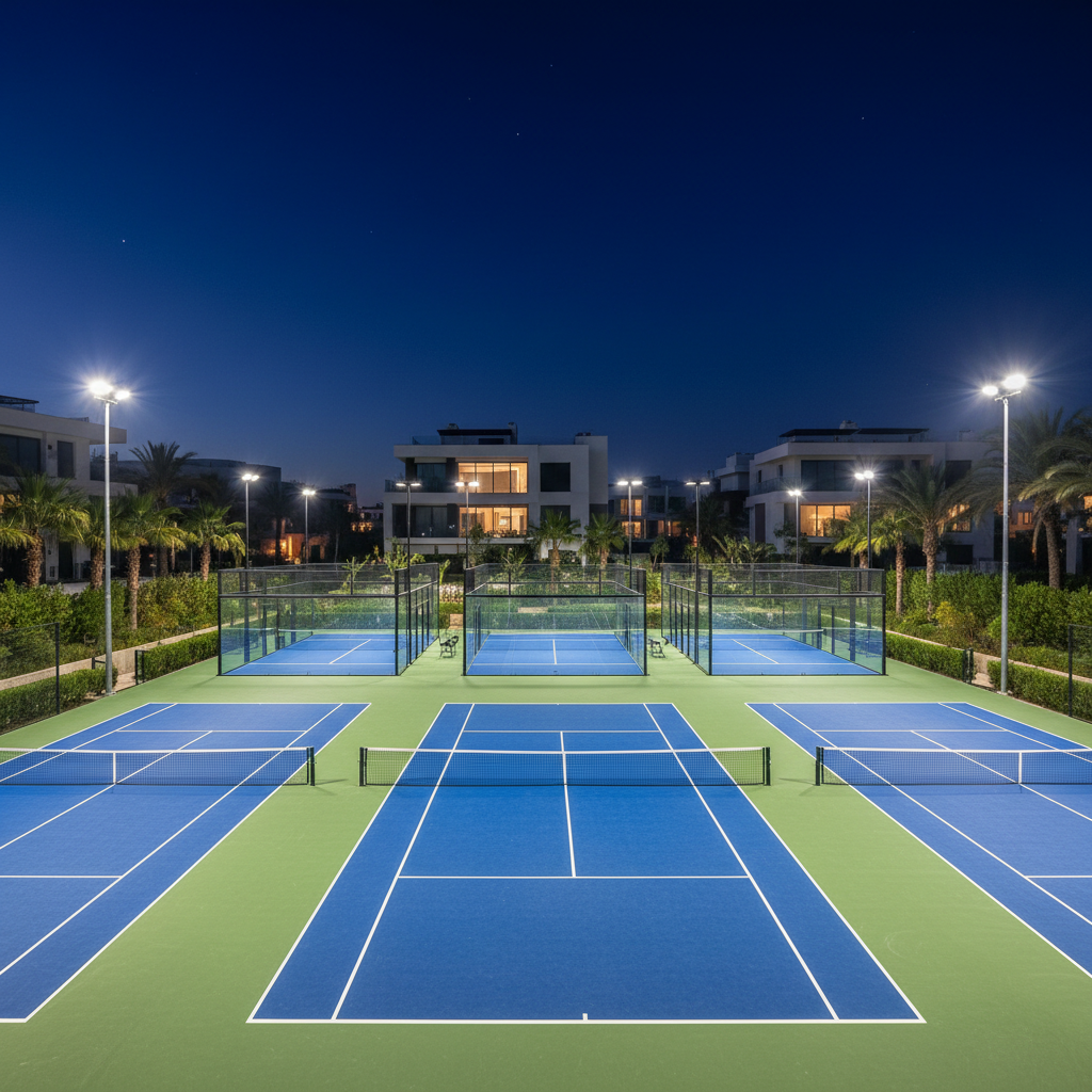 Indoor padel facility with premium court surfaces, Paris sports club, professional lighting