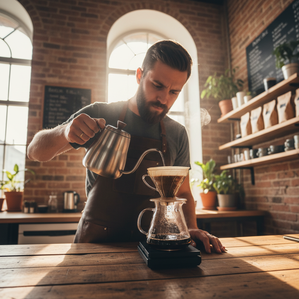 Artisan coffee shop with freshly roasted coffee beans, professional barista equipment and warm cozy atmosphere