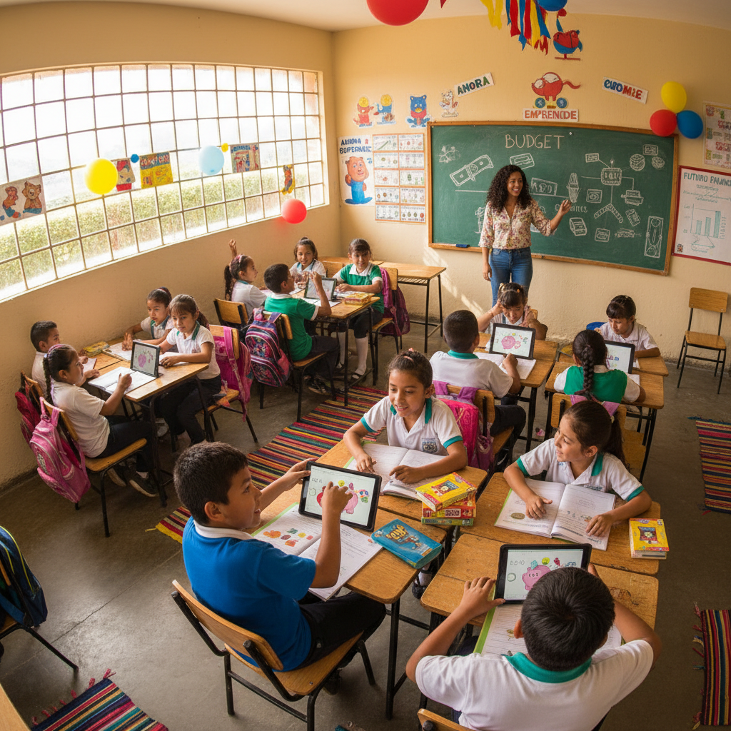 Niños colombianos en taller de educación financiera en su colegio