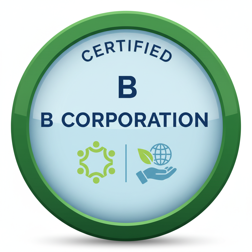 B Corporation certification badge with community and environmental responsibility icons