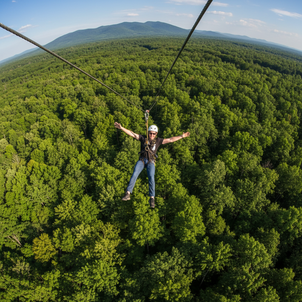 Zip line rider in harness flying over dense forest canopy from above