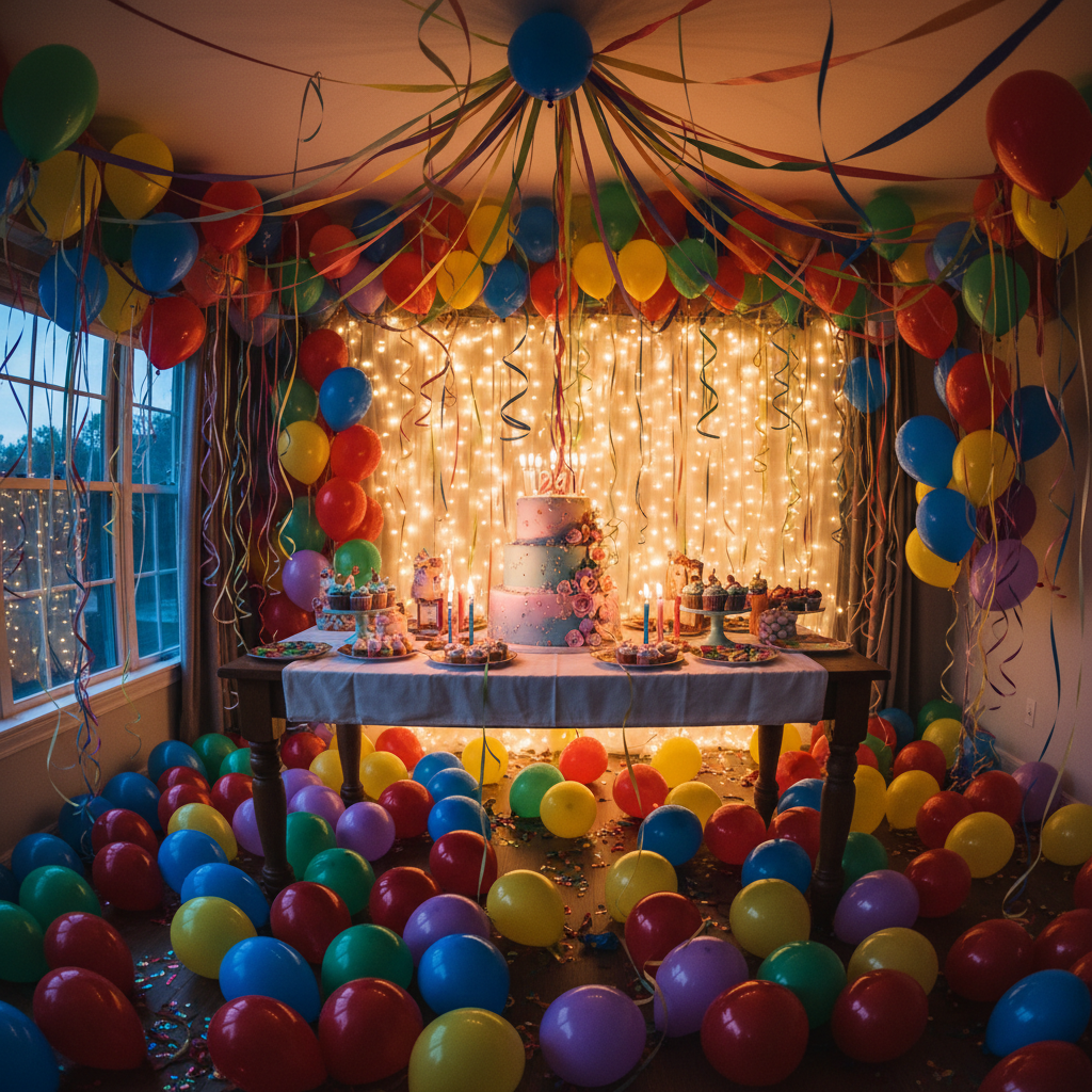 Colorful birthday party setup with balloons, cake table, and festive decorations in warm indoor lighting