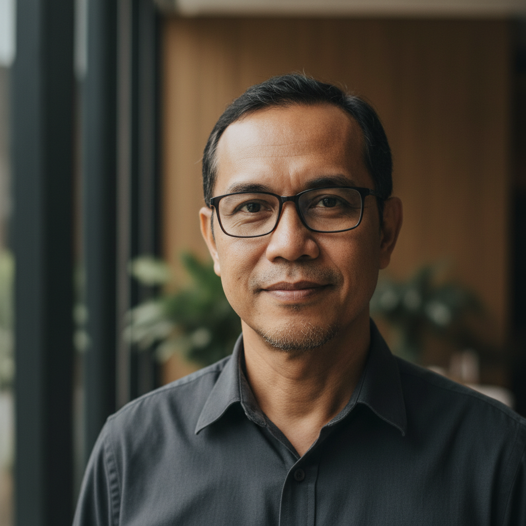 Professional headshot of middle-aged Indonesian male executive in formal attire, confident expression, neutral background