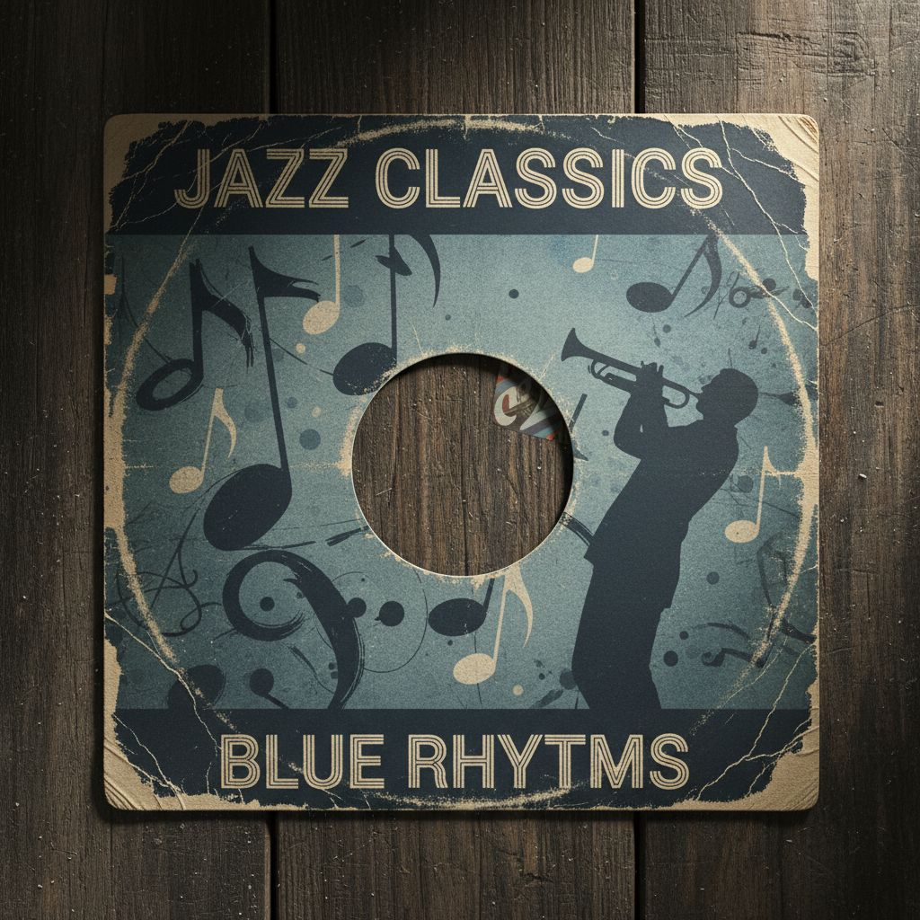 Vintage jazz record sleeve with blue tones and worn edges on wooden surface