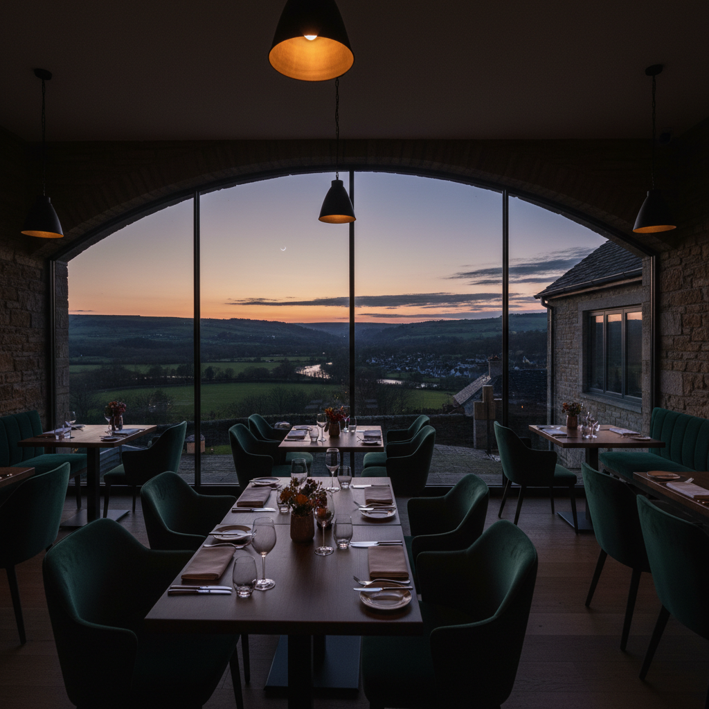 Countryside fine dining restaurant with panoramic view, dark interior, dramatic moody lighting