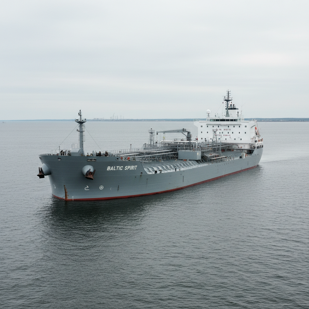 CS Baltic VLCC crude tanker in calm Baltic Sea waters, side view, grey hull