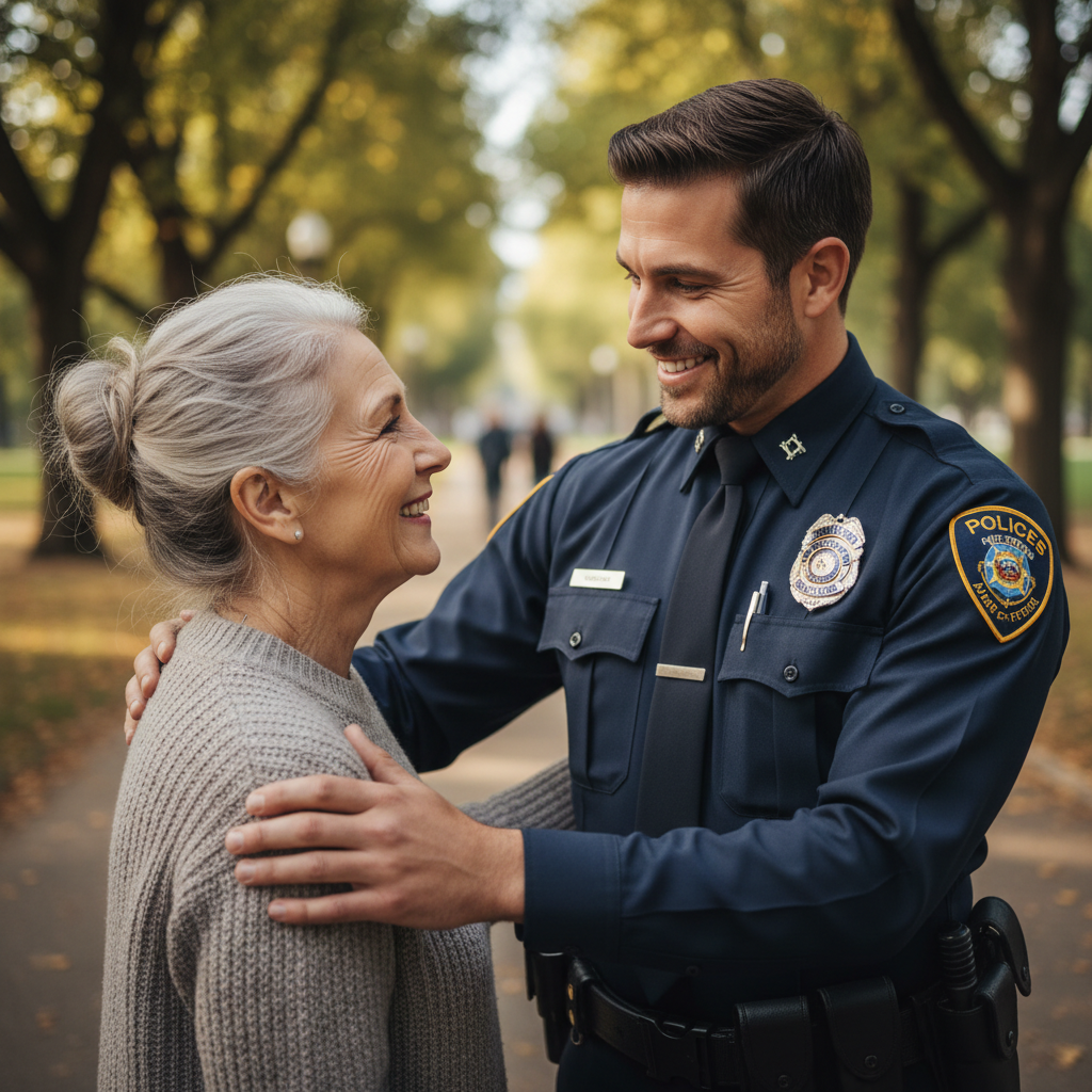 Officer resting hand on community member's shoulder at neighborhood event, natural light
