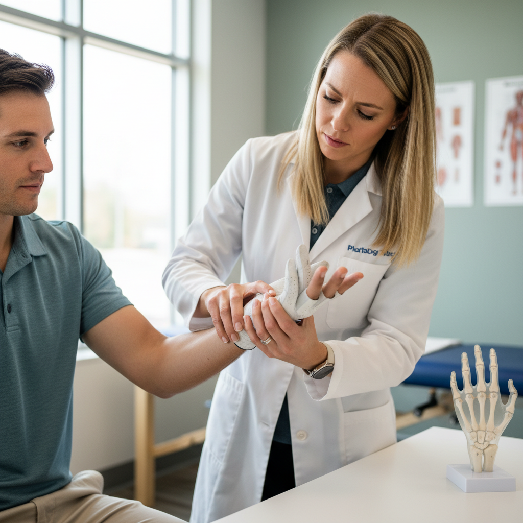 Rheumatologist gently palpating a patient's wrist joint in natural window light, physician's coat sleeve visible