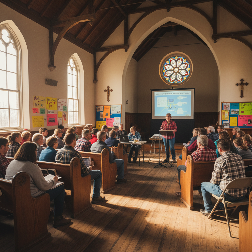 Rural community members gathered at a church hall for a broadband meeting