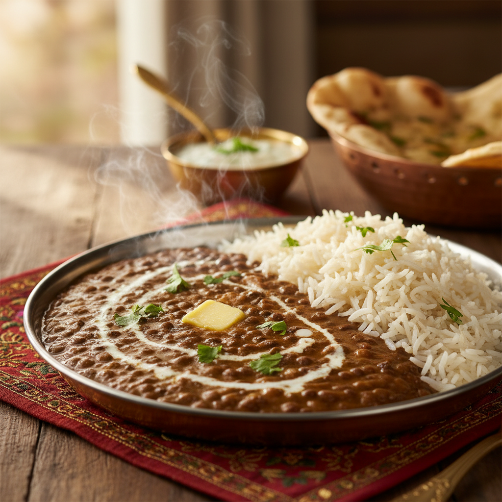 Amritsar Punjabi thali on steel plate, rich golden dal makhani, fluffy kulcha, dark moody restaurant atmospheric lighting