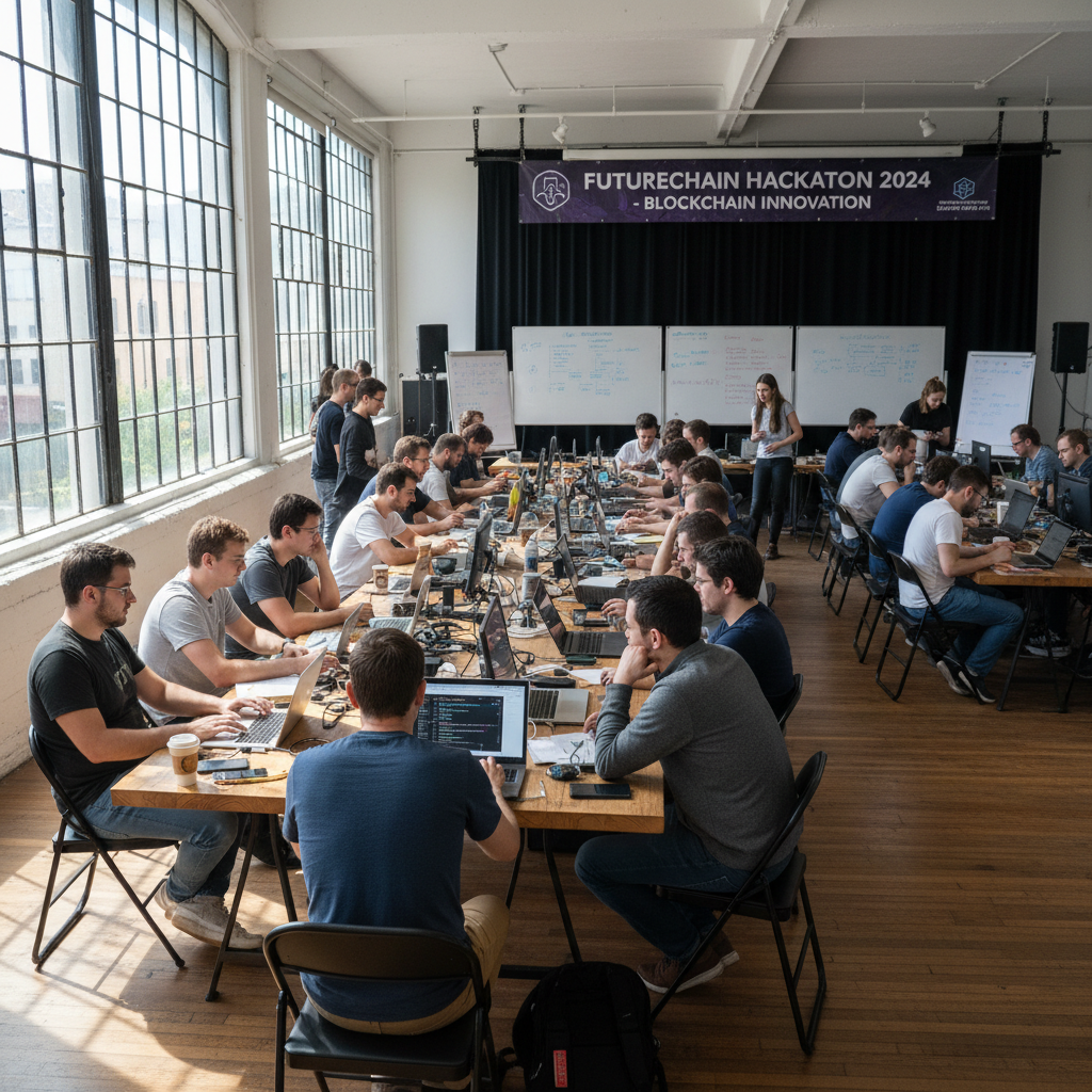 Developers collaborating around table with laptops and notebooks during hackathon event
