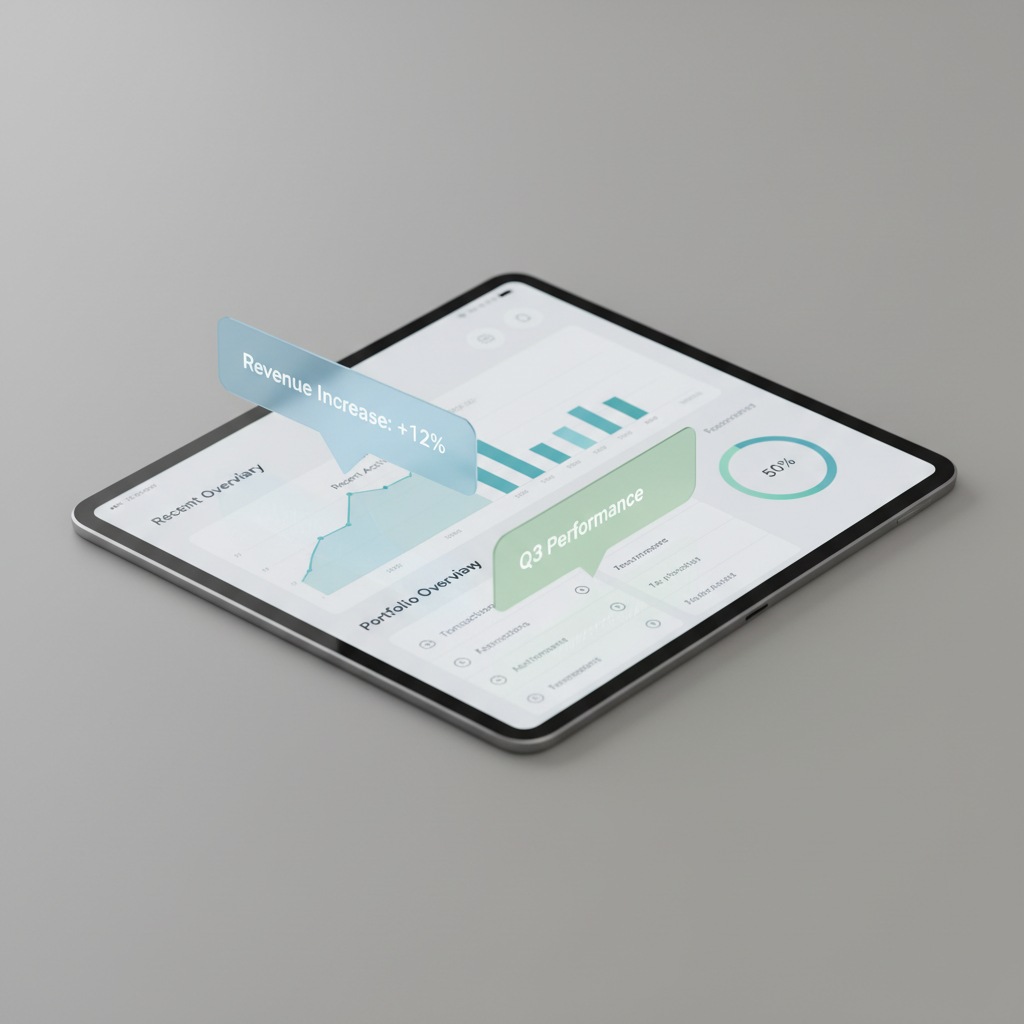 Clean minimalist data visualization charts on white background with soft shadows and geometric patterns