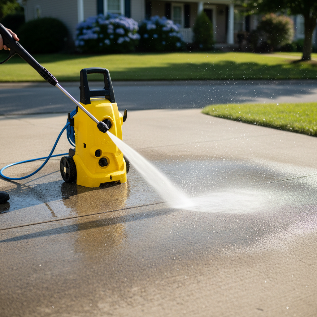 Orange gas-powered pressure washer on driveway cleaning concrete