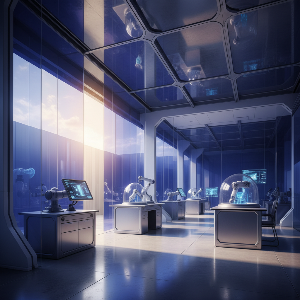Advanced laboratory with electrochromic glass panels showing tint transition in industrial research facility