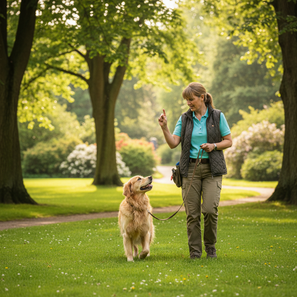 Professional dog trainer working with a golden retriever in a park