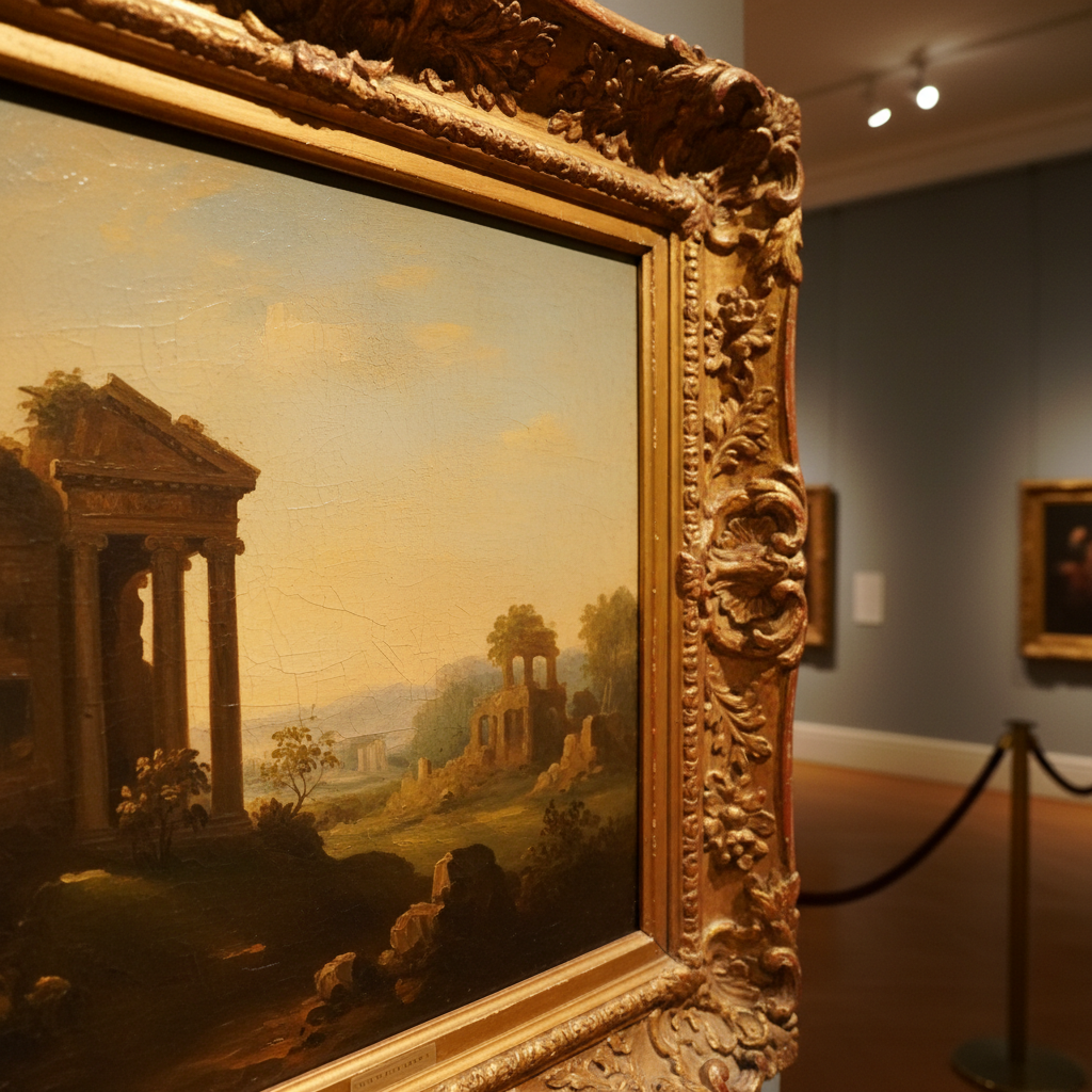 Impressionist landscape painting in gold frame, warm gallery lighting, oil on canvas