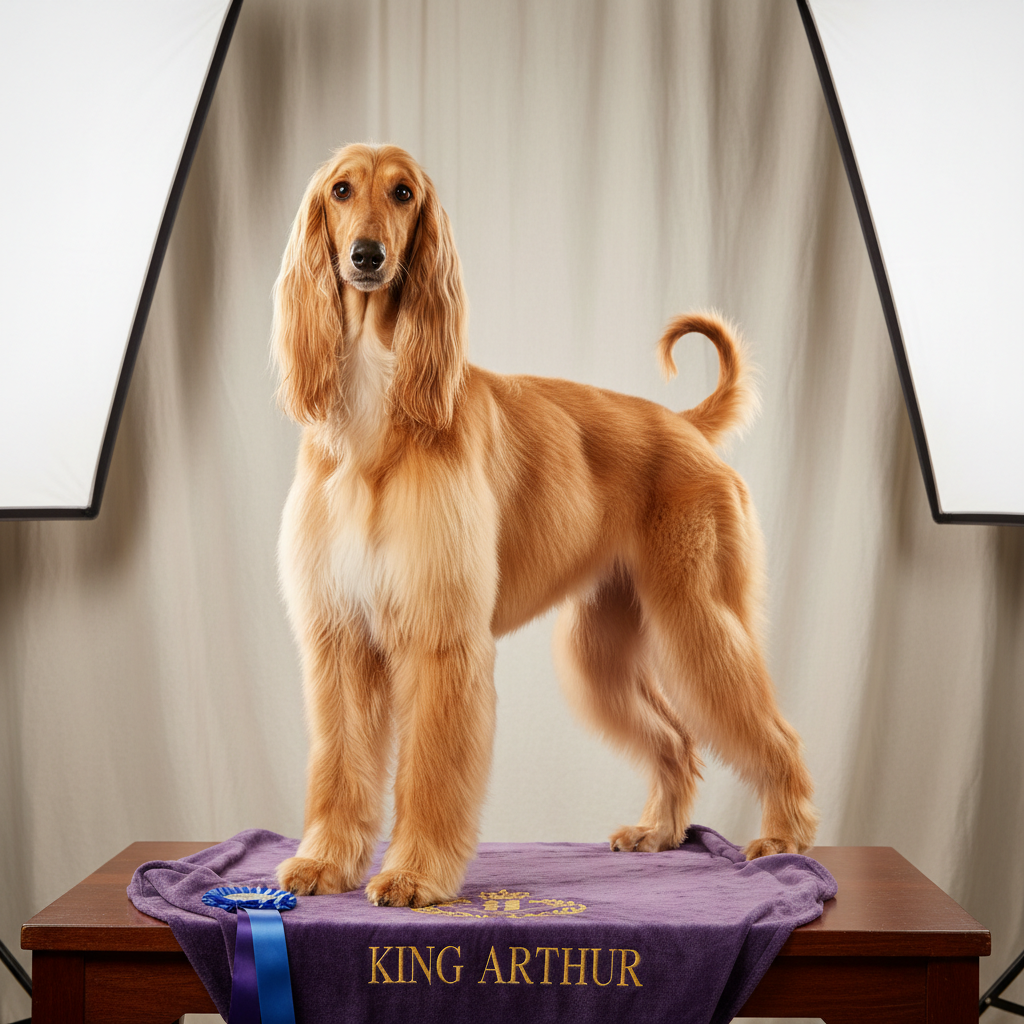 Champion show dog posed with dignified posture in a studio setting