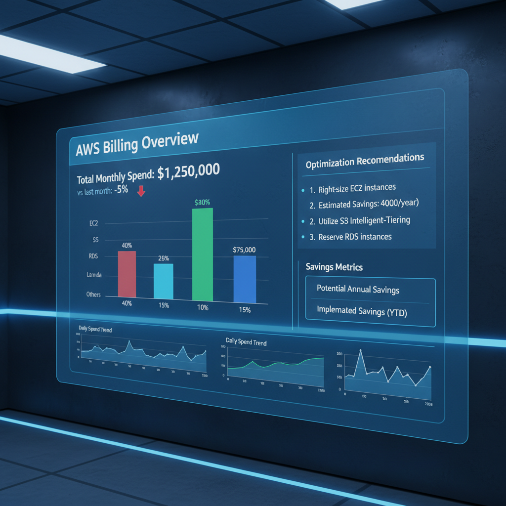 Cloud cost dashboard showing spending breakdown and optimization recommendations