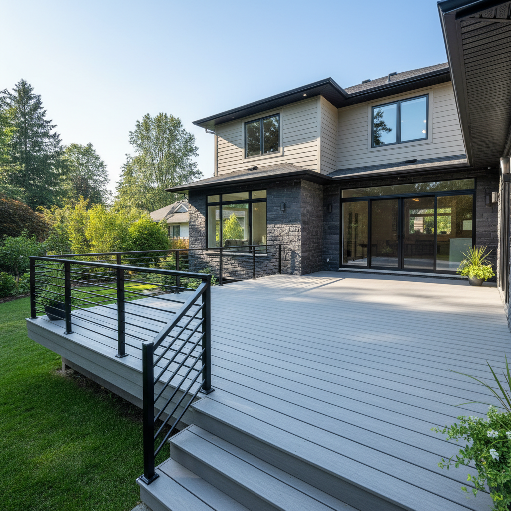 New wood deck construction attached to back of house with railing