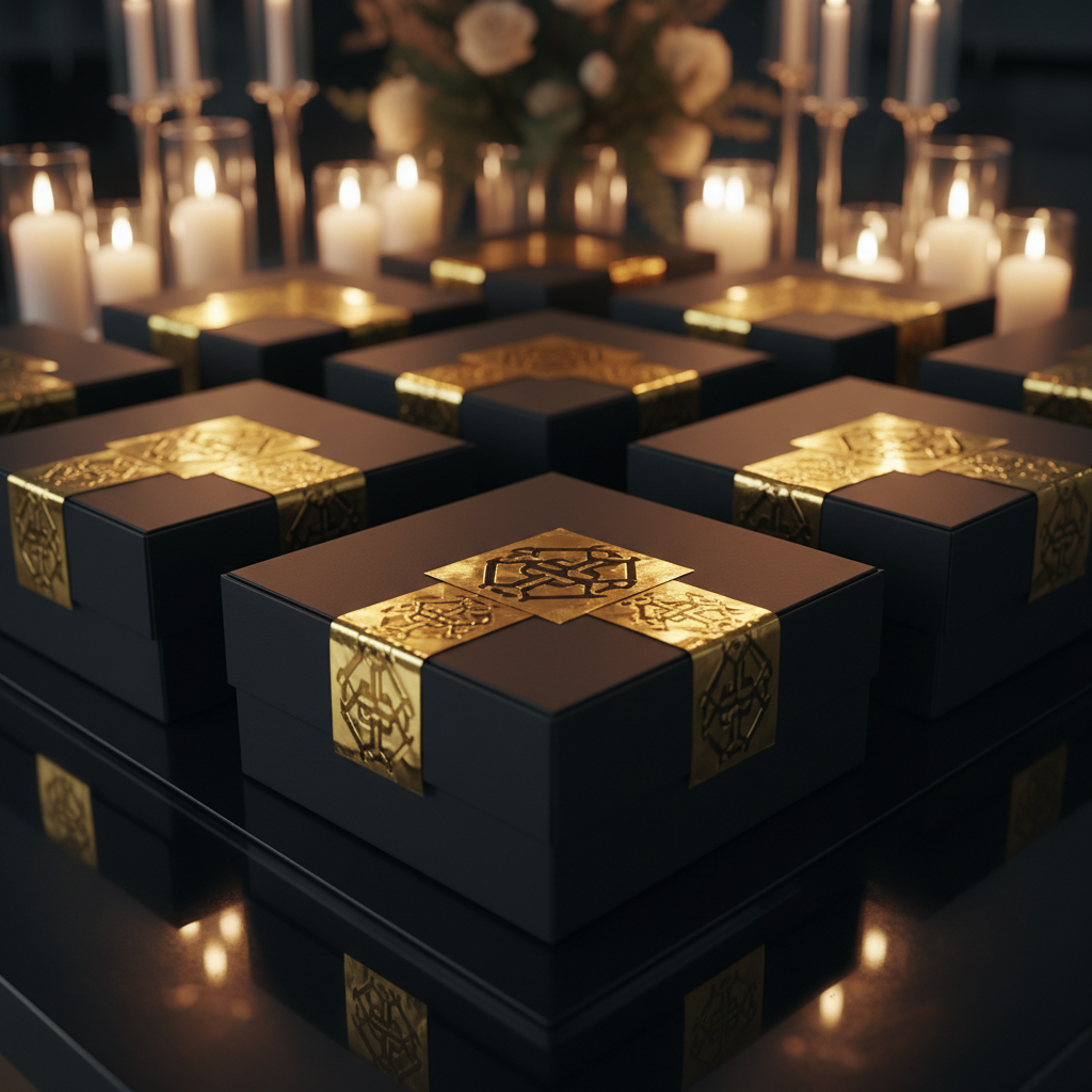 Corporate product launch table setup with elegant catering and gold details in dark venue
