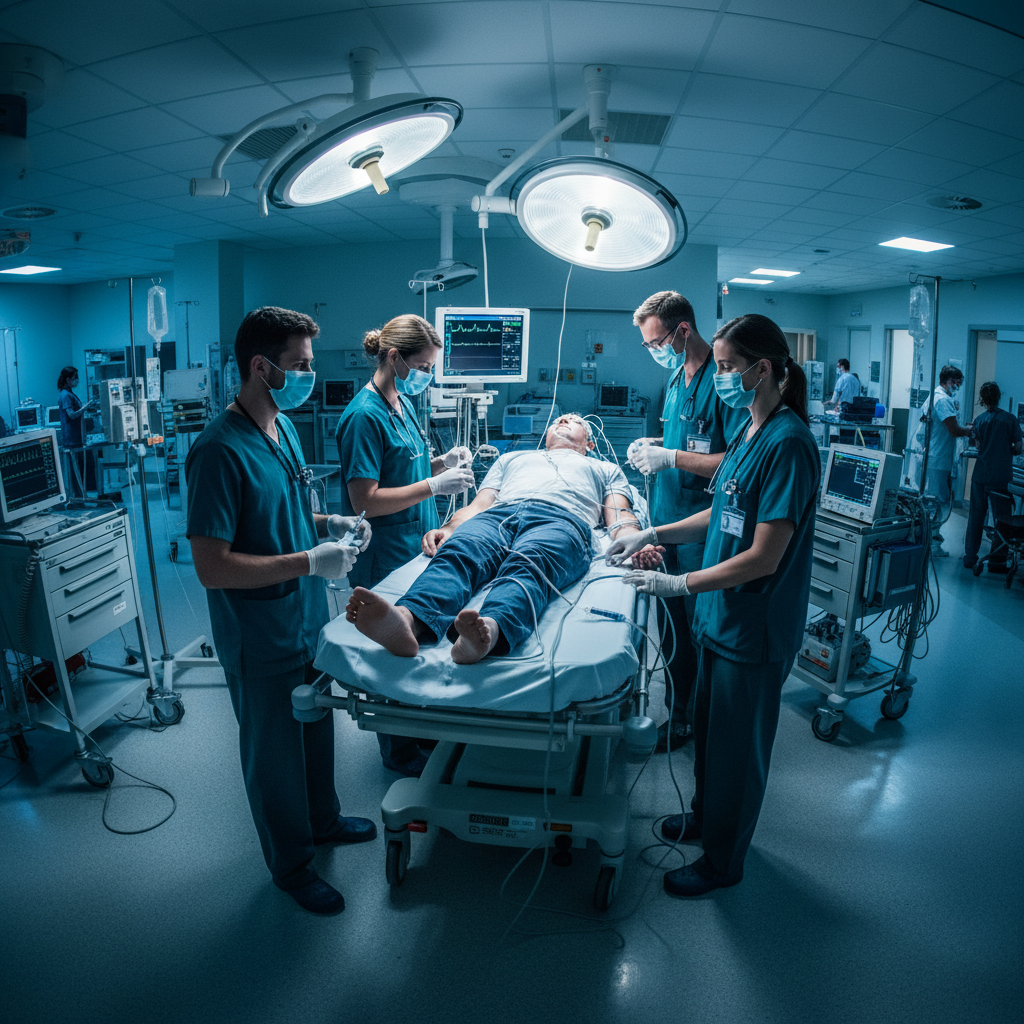 Medical team rushing patient on gurney through hospital emergency room