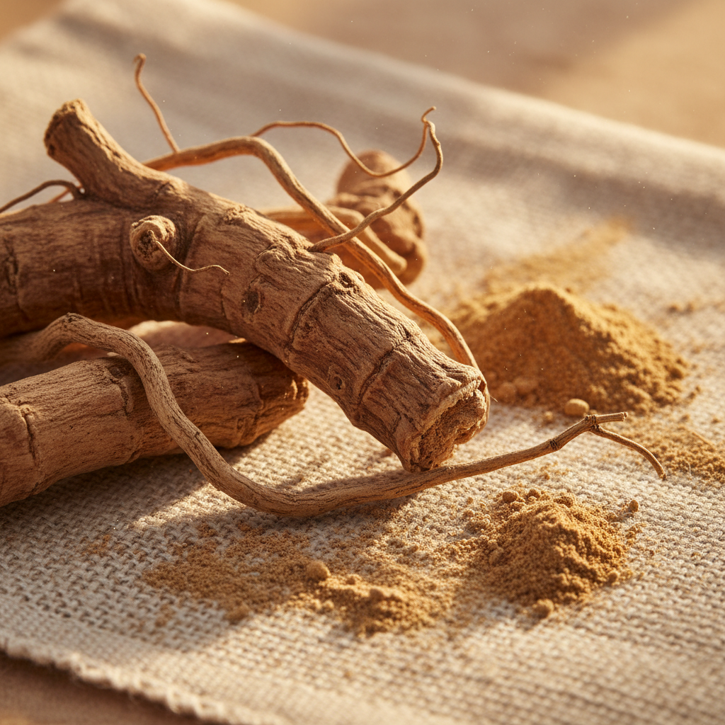 Fine brown ashwagandha root powder in wooden spoon on natural linen cloth, warm daylight