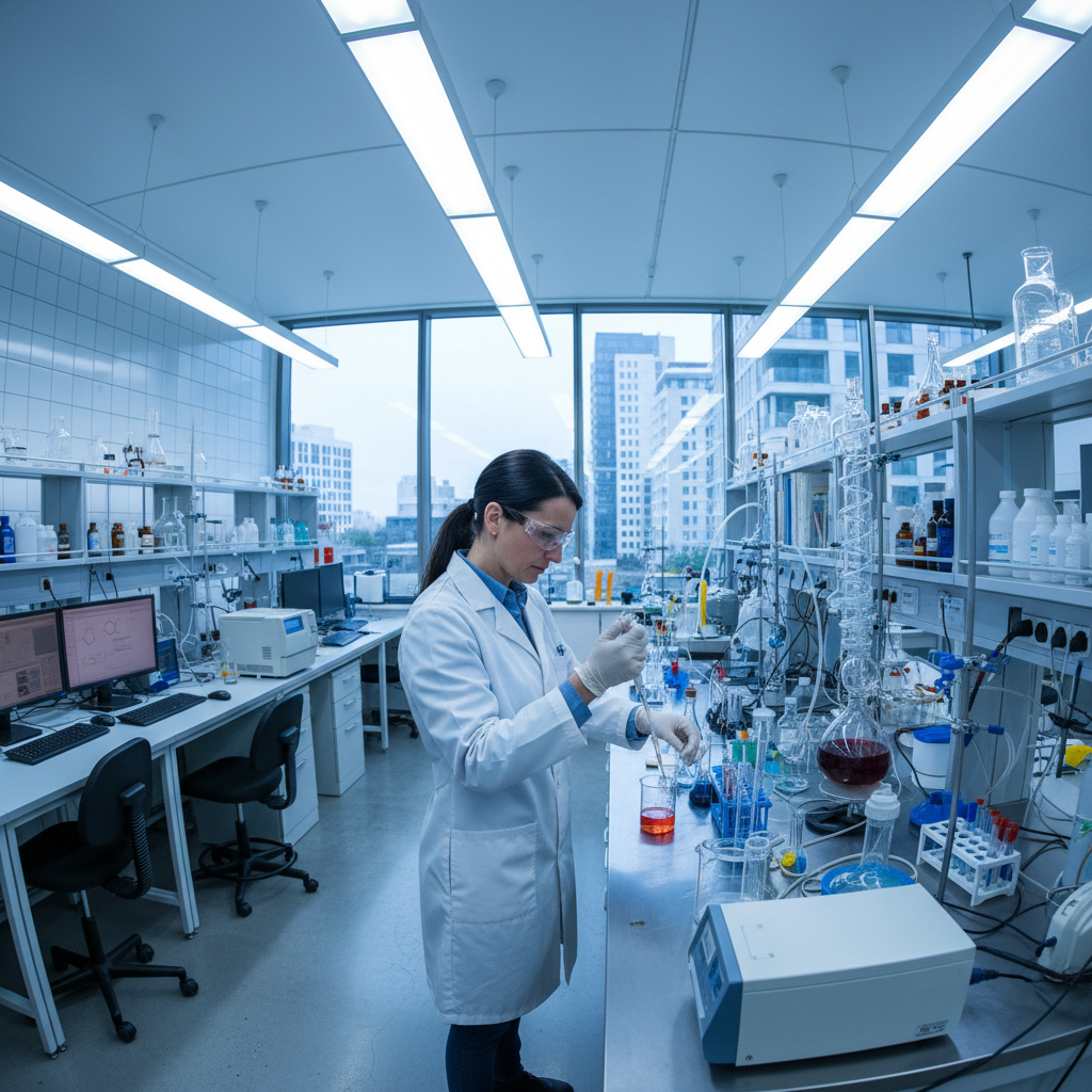 Female scientist in white coat working in a modern chemical testing laboratory with analytical instruments
