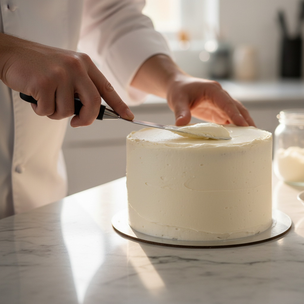 Professional baker using offset spatula to smooth white buttercream on a round cake tier on marble surface