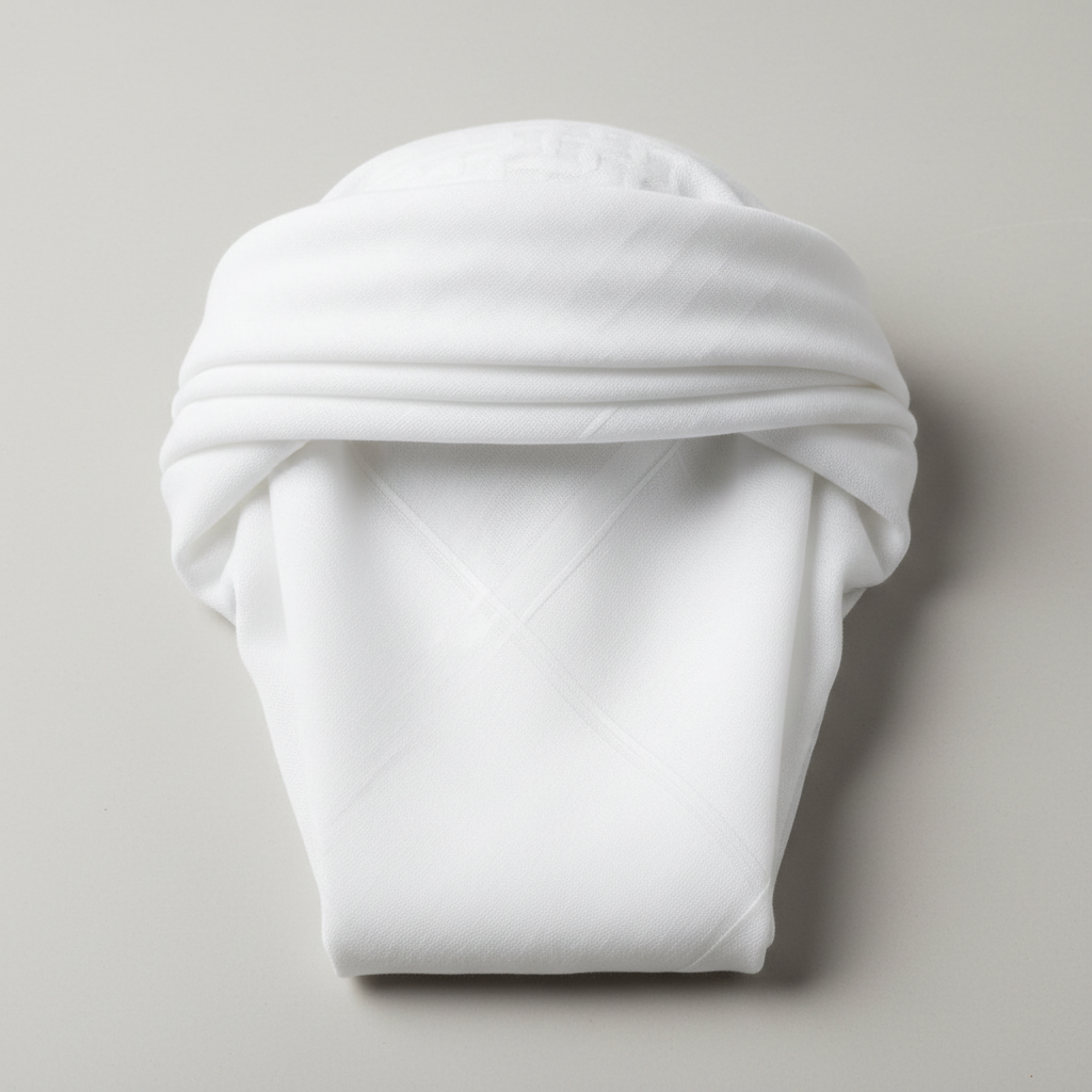 Traditional Arabic headwear accessories, white ghutrah fabric, elegant presentation