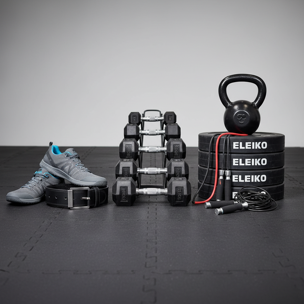 Athletic shoes and sports equipment on gym floor