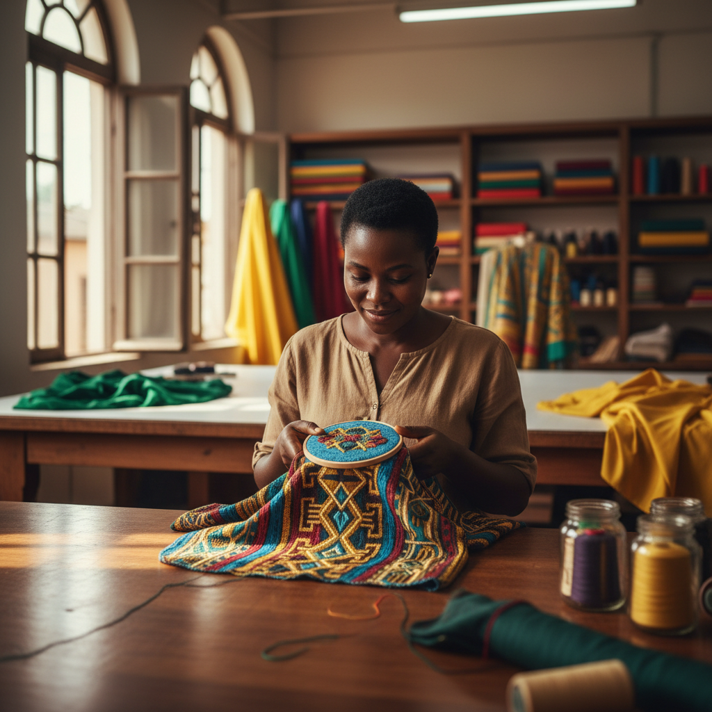 Artist Priya Mehta working on embroidery in her studio