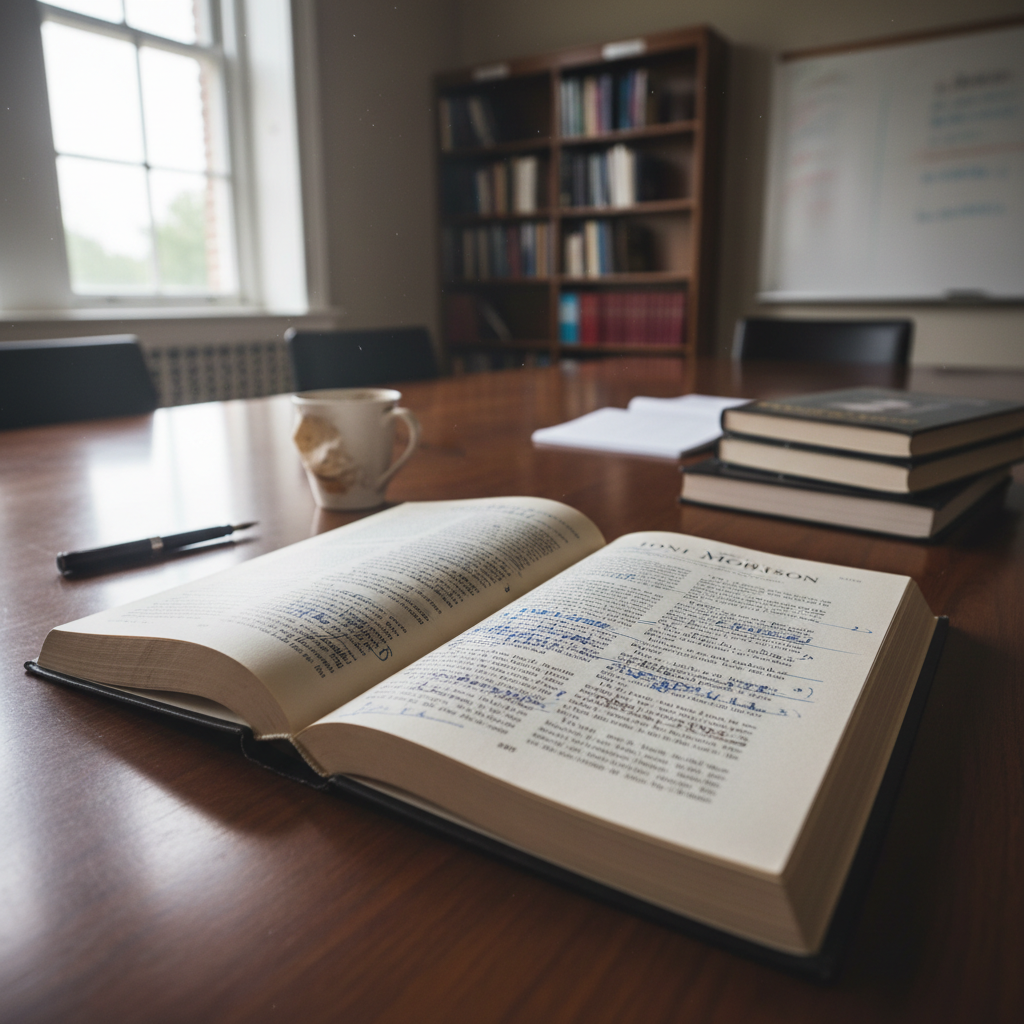 Open copy of Beloved on a seminar table with handwritten margin notes visible