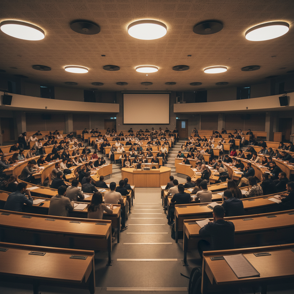 University auditorium with students attending a large event, warm ambient lighting filling the hall