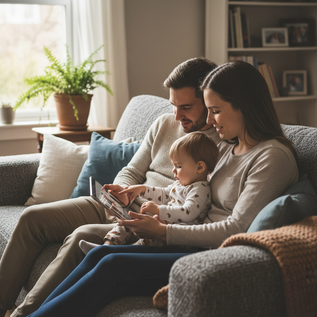 Young parents with toddler on couch watching worship service on a tablet