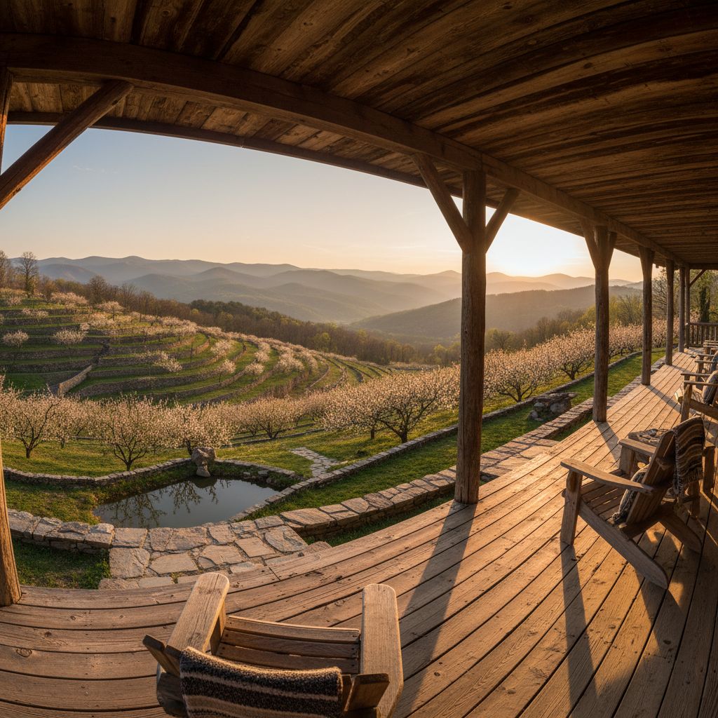 Golf cart path leading to a lodge at golden hour
