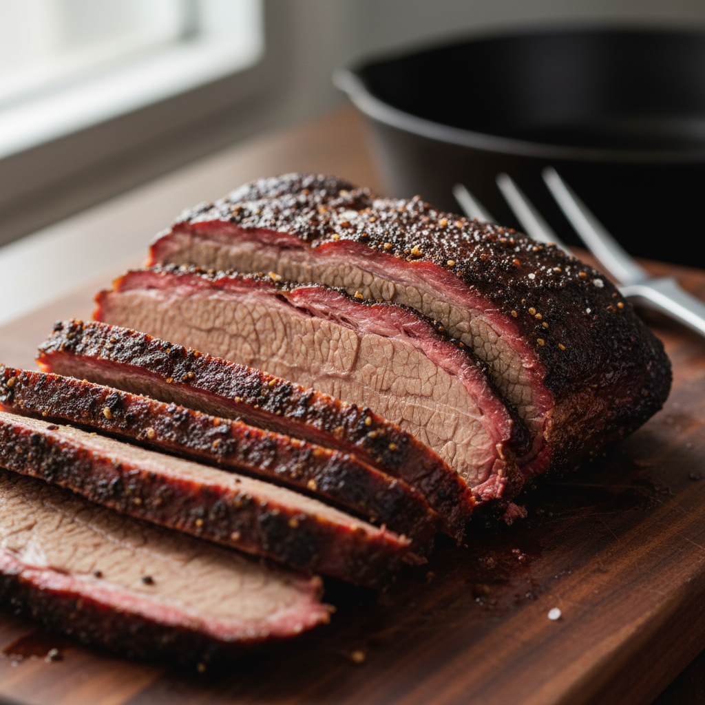 Brisket flat sliced against the grain showing quarter-inch smoke ring