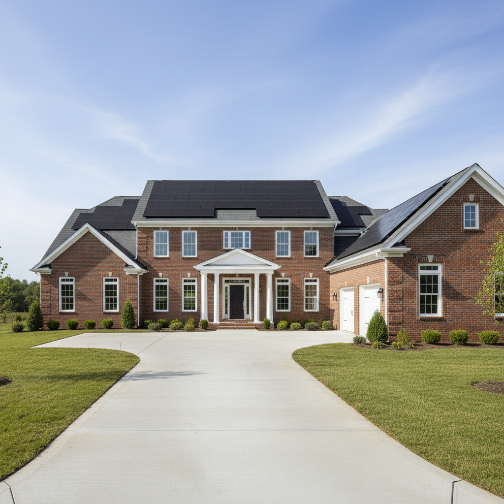 New construction colonial home at Sunfield Court with 30 panels integrated during build, clean driveway and young landscaping