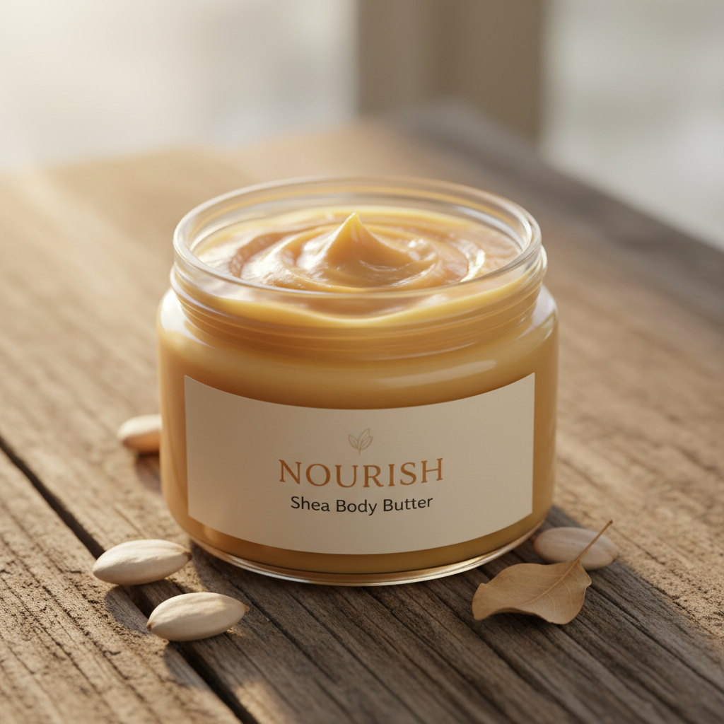 Warm-toned jar of shea body butter on a wooden surface with golden light casting soft shadows