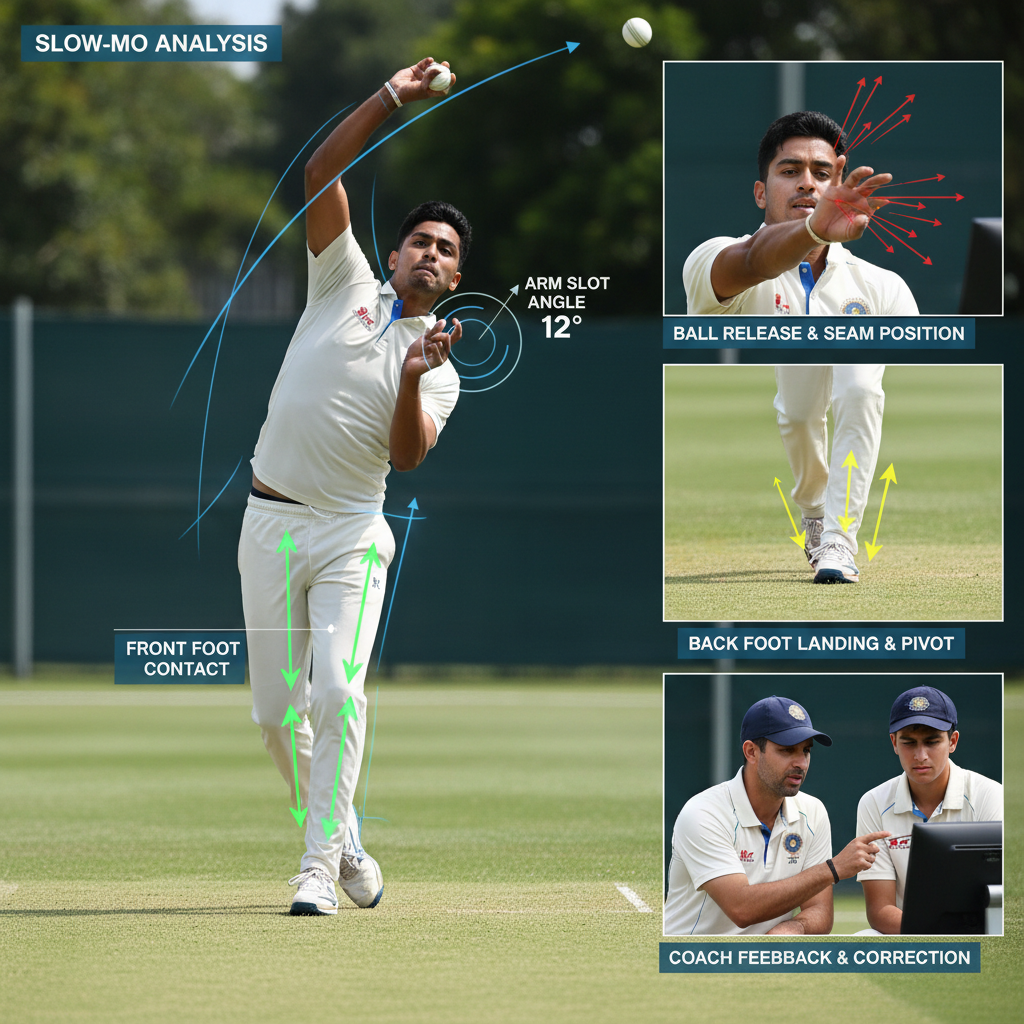 Cricket coaching session breakdown showing slow-motion analysis of a fast bowler's delivery with biomechanical overlays
