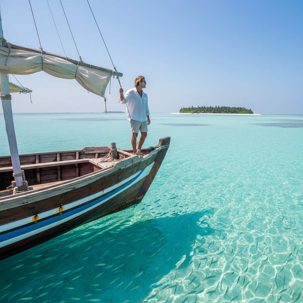 Traditional wooden Maldivian dhoni boat sailing through turquoise lagoon, white sandbank visible in distance, clear blue sky with scattered clouds
