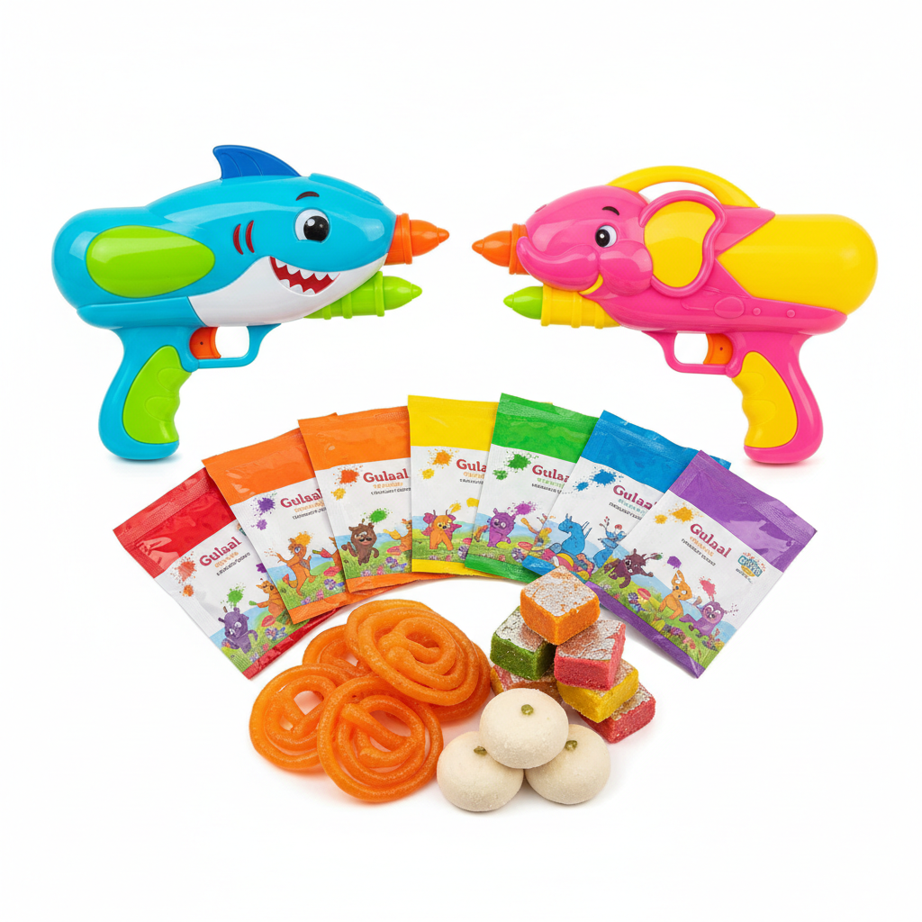 Colourful kids Holi set with bright water guns, non-toxic gulaal packets in rainbow colours and sweets