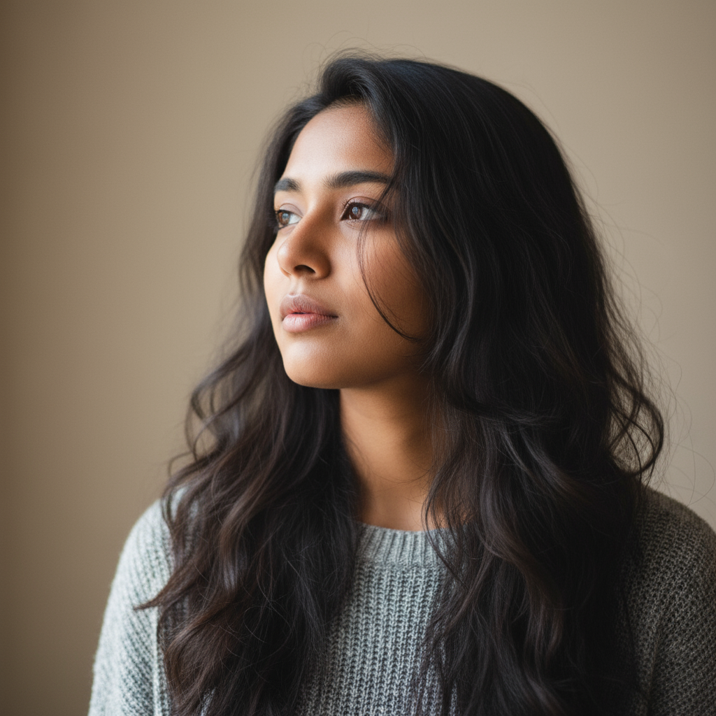 Priya Nair, South Asian woman with dark hair pulled back, interior designer professional photo
