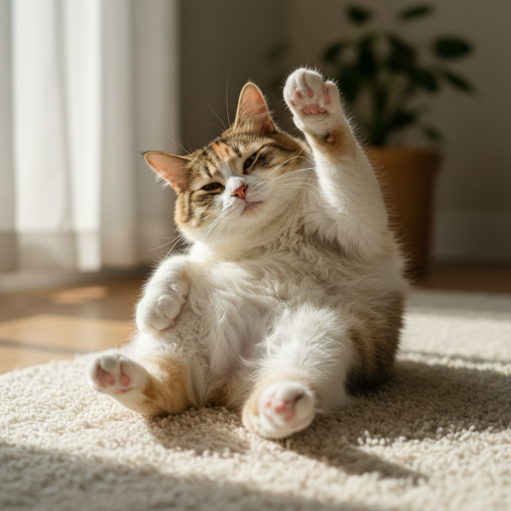 Miso belly-up on a cream rug, one paw raised in a trust fall pose