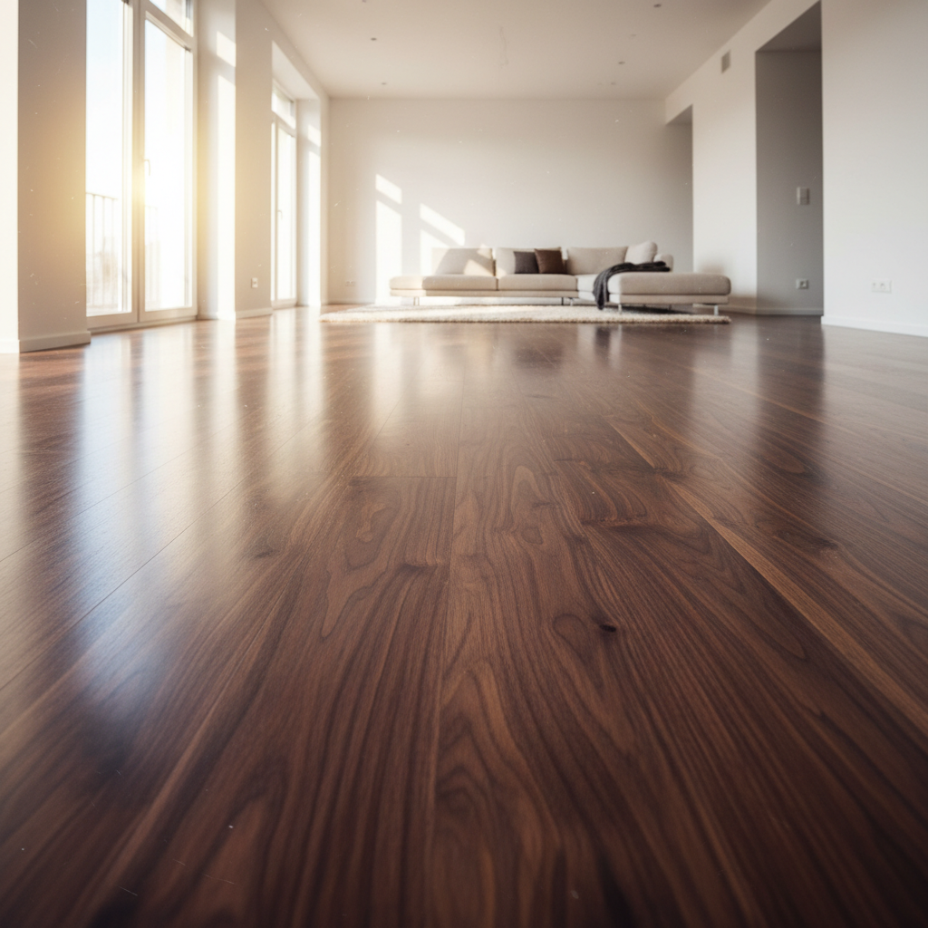 Freshly installed dark hardwood flooring in a bright residential living room
