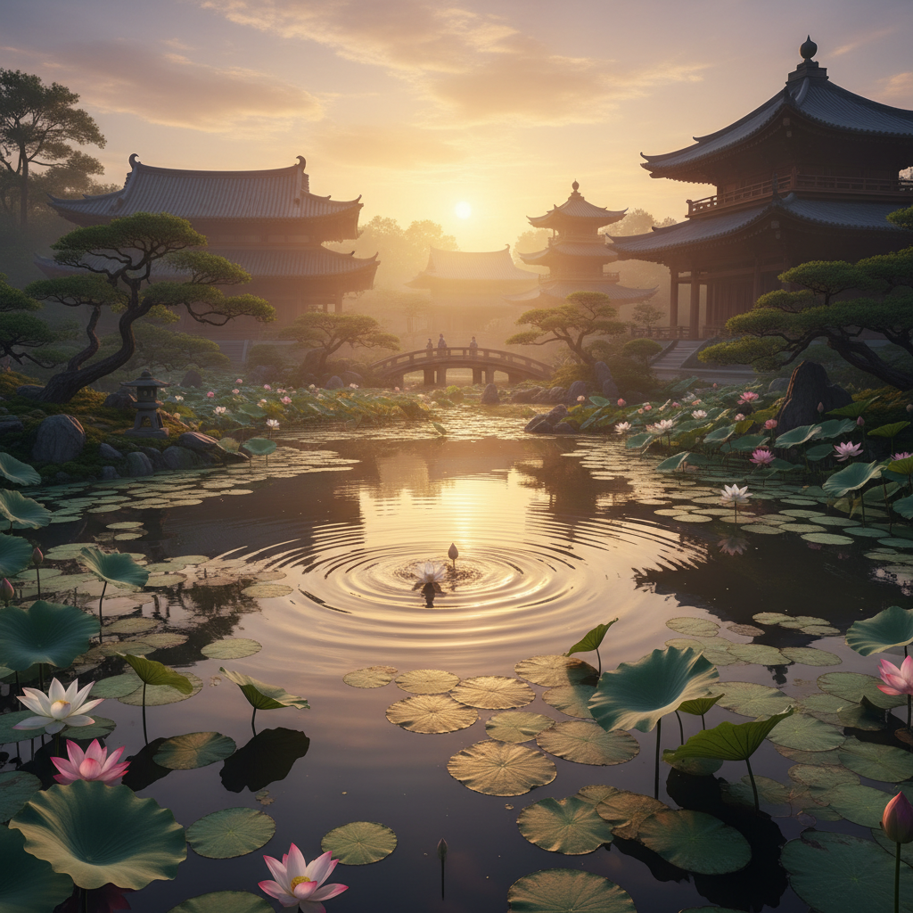 Misty morning view of temple garden with lotus pond reflecting golden sunrise