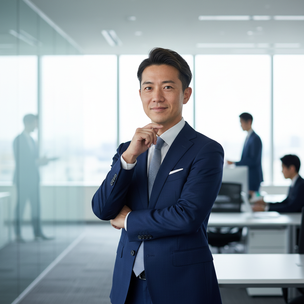 Asian businessman in navy suit with confident expression