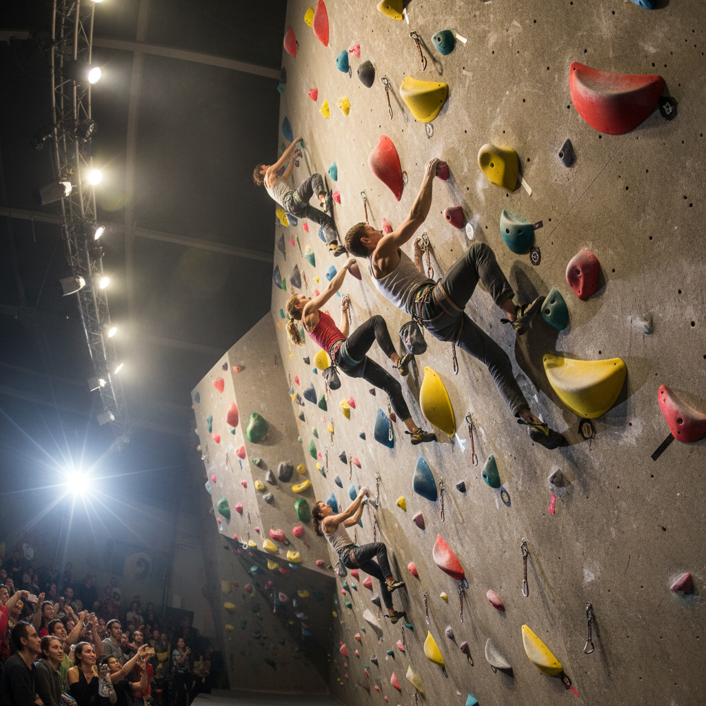 Climbers competing on a 40-foot wall during comp night with crowd watching below